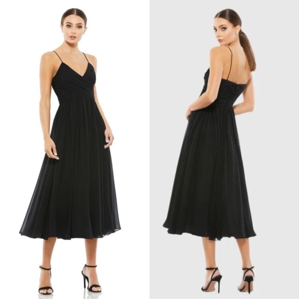 Mac Duggal 70099 V Neck Sleeveless Flowy Ruched Midi Dress Black Size XS